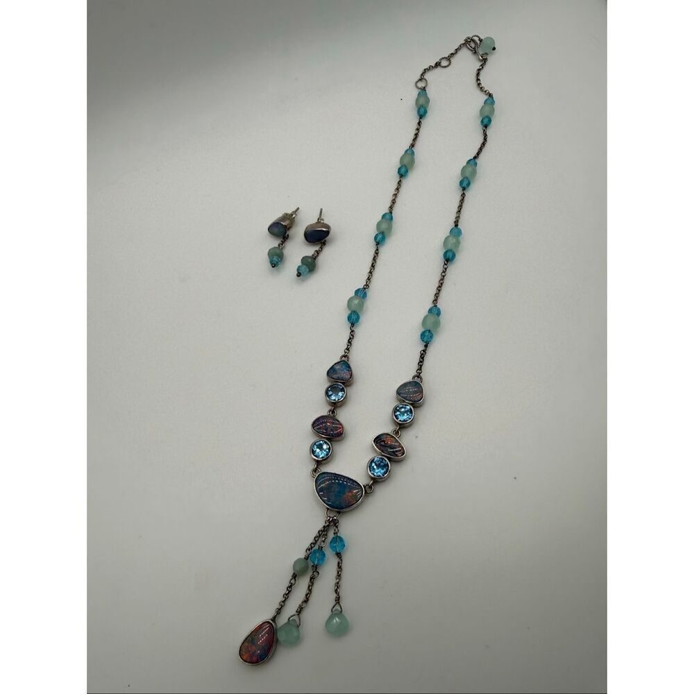 925 Sterling Beach Glass Opal Necklace Set w/ Aqua Blue Gemstones | Boho Stateme